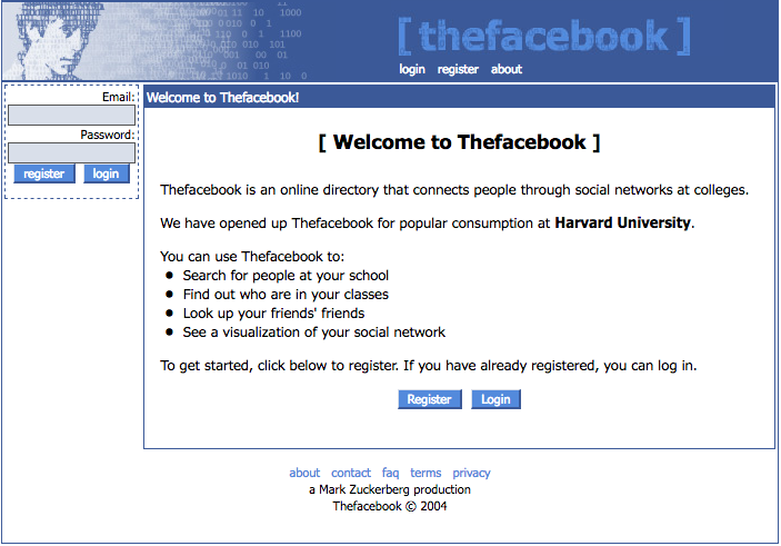 "The Facebook" homepage/login page (2004)